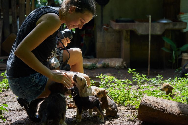 A woman with a camera, petting puppies, in Guanacaste Costa Rica.