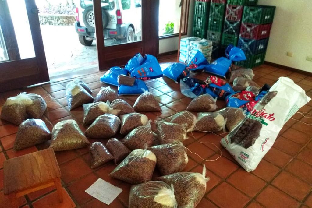 Dog and cat food in bags ready for distribution to animal owners in need of financial support